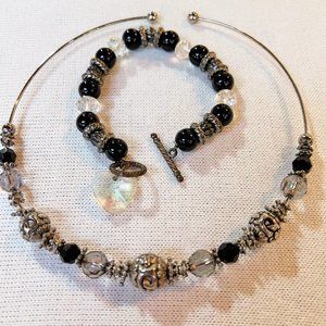 Crystal and Silver Metal Beads Necklace, Dangle Heart Bracelet, 2 Beautiful Pcs